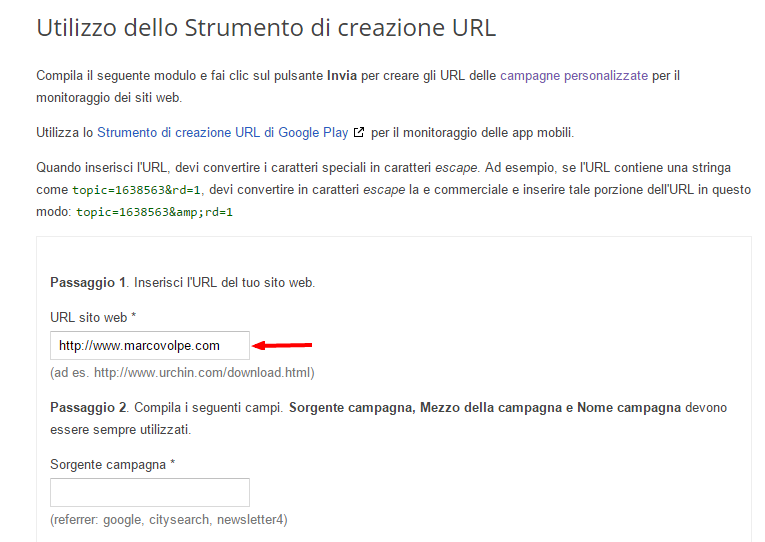 Passaggio 1 dello strumento di creazione URL